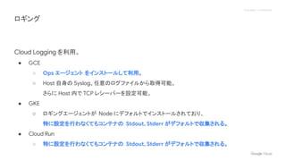 Proprietary + Confidential
Cloud Logging を利用。
● GCE
○ Ops エージェント をインストールして利用。
○ Host 自身の Syslog、任意のログファイルから取得可能。
さらに Host 内で TCP レシーバーを設定可能。
● GKE
○ ロギングエージェントが Node にデフォルトでインストールされており、
特に設定を行わなくてもコンテナの Stdout, Stderr がデフォルトで収集される。
● Cloud Run
○ 特に設定を行わなくてもコンテナの Stdout, Stderr がデフォルトで収集される。
ロギング
 