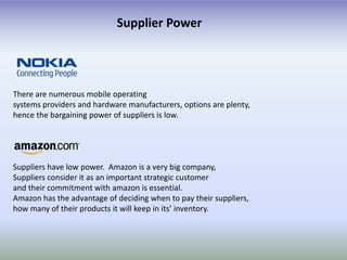 Supplier Power




There are numerous mobile operating
systems providers and hardware manufacturers, options are plenty,
hence the bargaining power of suppliers is low.




Suppliers have low power. Amazon is a very big company,
Suppliers consider it as an important strategic customer
and their commitment with amazon is essential.
Amazon has the advantage of deciding when to pay their suppliers,
how many of their products it will keep in its’ inventory.
 