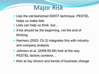 The PESTEL FrameworkThe PESTEL framework categorises environmental influences into six main types:Political - EconomicSocio-culturalTechnologicalEnvironmentalLegalPESTEL analysis evaluates the broad societal trends that affect many industries. It identifies current and future developments that will shape the micro-environments of each industry sector.