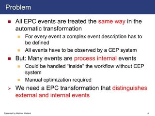 Problem

            All EPC events are treated the same way in the
            automatic transformation
                      For every event a complex event description has to
                      be defined
                      All events have to be observed by a CEP system
            But: Many events are process internal events
                      Could be handled “inside” the workflow without CEP
                      system
                      Manual optimization required
            We need a EPC transformation that distinguishes
            external and internal events

Presented by Matthias Wieland                                              4
 