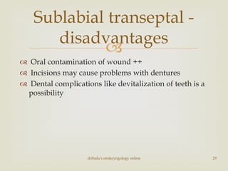 
 Oral contamination of wound ++
 Incisions may cause problems with dentures
 Dental complications like devitalization of teeth is a
possibility
drtbalu's otolaryngology online 29
Sublabial transeptal -
disadvantages
 