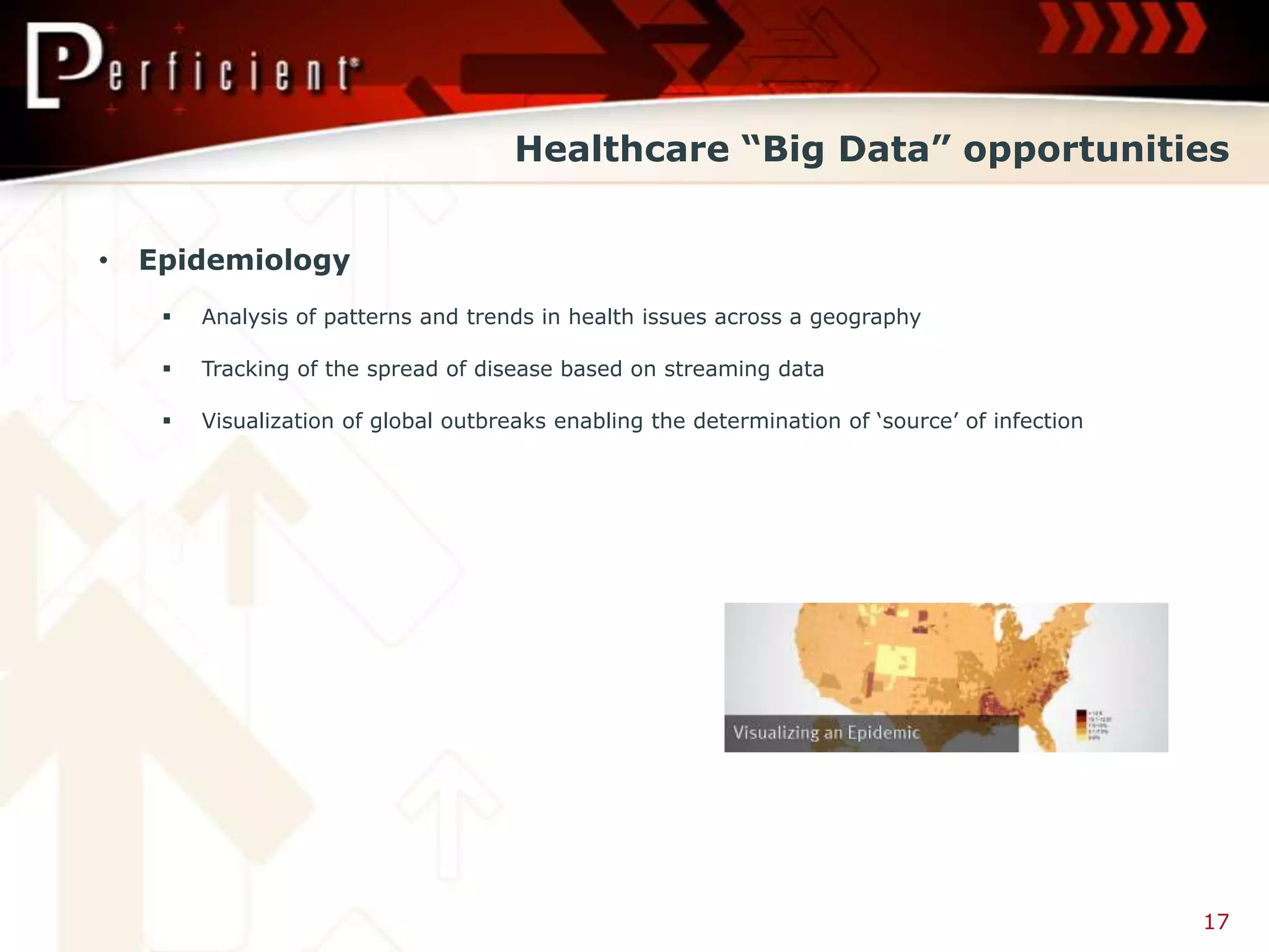 Healthcare “Big Data” opportunities


•   Epidemiology
        Analysis of patterns and trends in health issues across a geography

        Tracking of the spread of disease based on streaming data

        Visualization of global outbreaks enabling the determination of ‘source’ of infection




                                                                                                 17
 