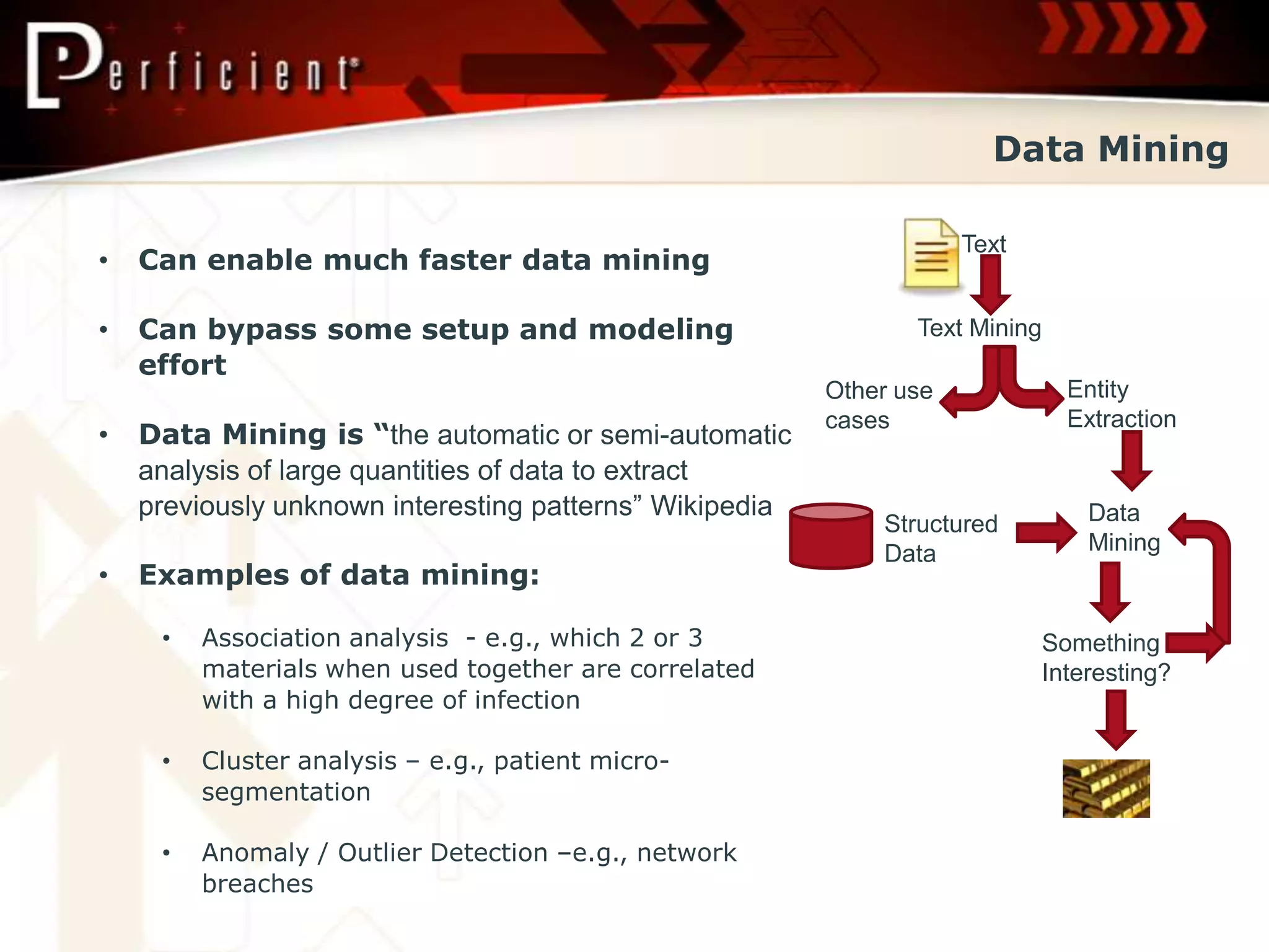 Data Mining

                                                                     Text
•   Can enable much faster data mining

•   Can bypass some setup and modeling                          Text Mining
    effort
                                                         Other use              Entity
                                                         cases                  Extraction
•   Data Mining is “the automatic or semi-automatic
    analysis of large quantities of data to extract
    previously unknown interesting patterns” Wikipedia                            Data
                                                             Structured
                                                             Data                 Mining
•   Examples of data mining:

     •   Association analysis - e.g., which 2 or 3                            Something
         materials when used together are correlated                          Interesting?
         with a high degree of infection

     •   Cluster analysis – e.g., patient micro-
         segmentation

     •   Anomaly / Outlier Detection –e.g., network
         breaches
 