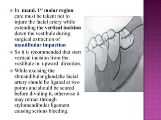 In mand. 1st molar region
care must be takent not to
injure the facial artery while
extending the vertical incision
down the vestibule during
surgical extraction of
mandibular impaction
 So it is recommended that start
vertical incision from the
vestibule in upward direction.
 While excising the
sbmandibular gland,the facial
artery should be ligated at two
points and should be scured
before dividing it, otherwise it
may retract through
stylomandibular ligament
causing serious bleeding.


 