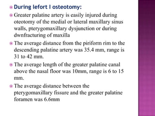  During

lefort I osteotomy:
 Greater palatine artery is easily injured during
oteotomy of the medial or lateral maxillary sinus
walls, pterygomaxillary dysjunction or during
dwnfracturing of maxilla
 The average distance from the piriform rim to the
descending palatine artery was 35.4 mm, range is
31 to 42 mm.
 The average length of the greater palatine canal
above the nasal floor was 10mm, range is 6 to 15
mm.
 The average distance between the
pterygomaxillary fissure and the greater palatine
foramen was 6.6mm

 