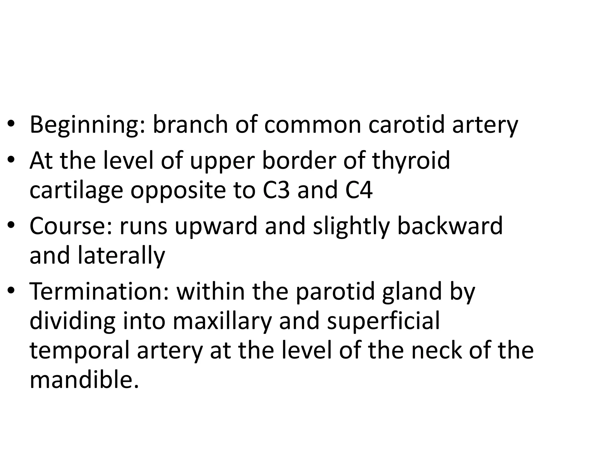 • Beginning: branch of common carotid artery
• At the level of upper border of thyroid
cartilage opposite to C3 and C4
• Course: runs upward and slightly backward
and laterally
• Termination: within the parotid gland by
dividing into maxillary and superficial
temporal artery at the level of the neck of the
mandible.