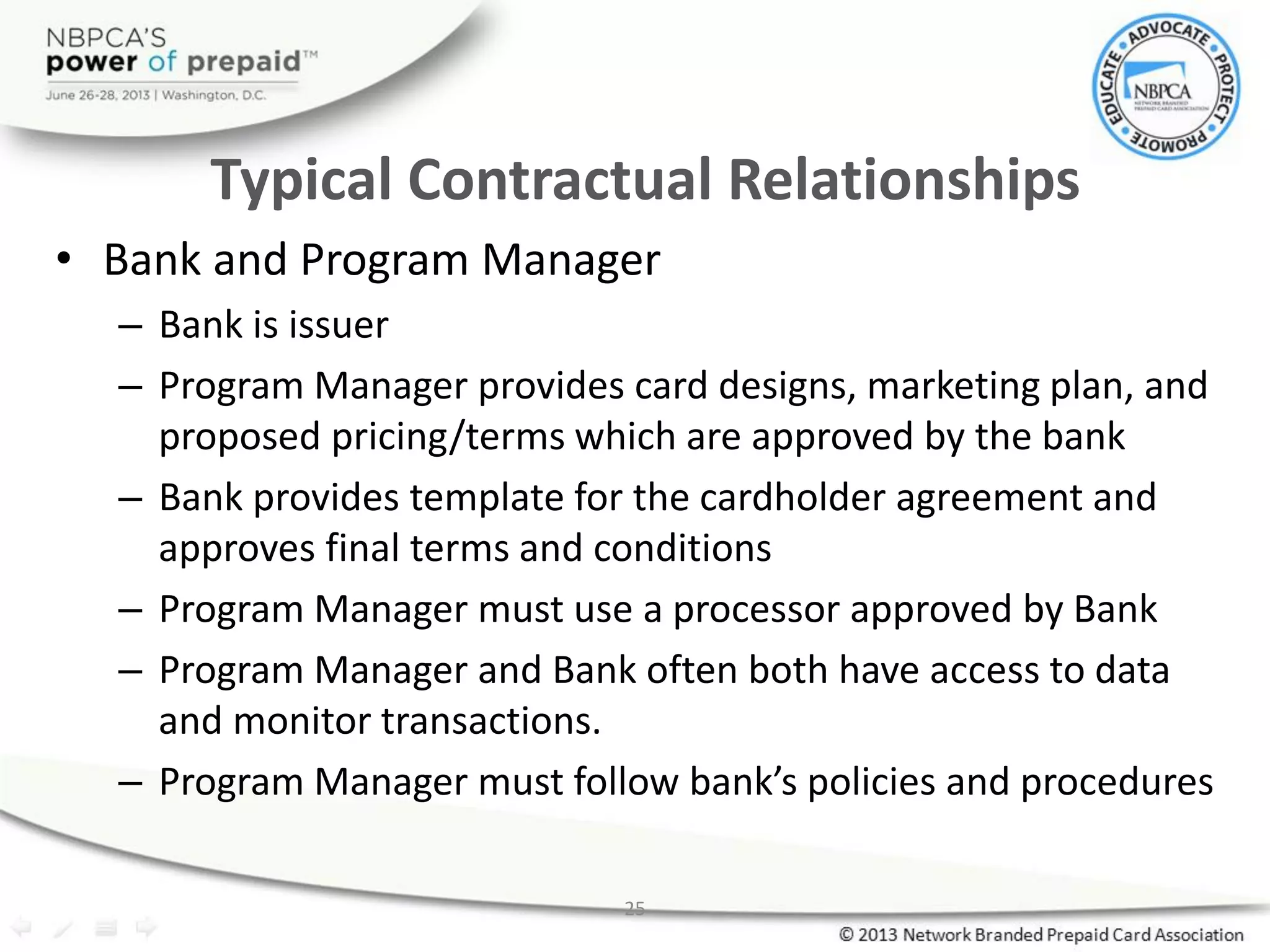 25
Typical Contractual Relationships
• Bank and Program Manager
– Bank is issuer
– Program Manager provides card designs, marketing plan, and
proposed pricing/terms which are approved by the bank
– Bank provides template for the cardholder agreement and
approves final terms and conditions
– Program Manager must use a processor approved by Bank
– Program Manager and Bank often both have access to data
and monitor transactions.
– Program Manager must follow bank’s policies and procedures
 