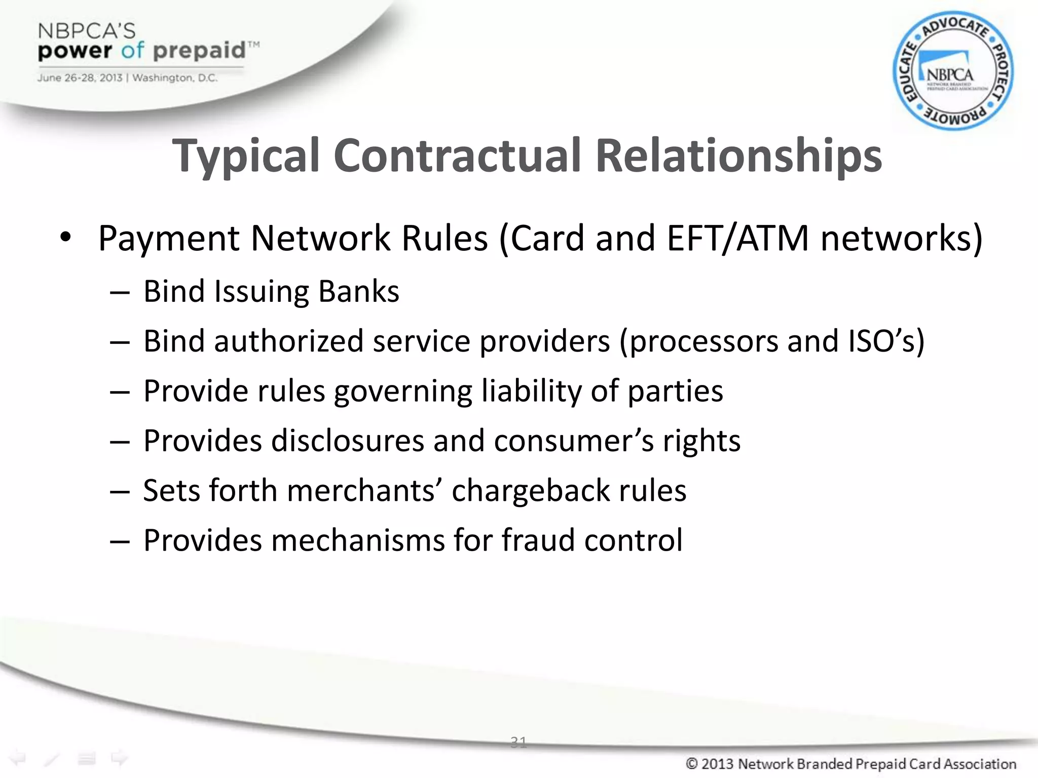 31
Typical Contractual Relationships
• Payment Network Rules (Card and EFT/ATM networks)
– Bind Issuing Banks
– Bind authorized service providers (processors and ISO’s)
– Provide rules governing liability of parties
– Provides disclosures and consumer’s rights
– Sets forth merchants’ chargeback rules
– Provides mechanisms for fraud control
 