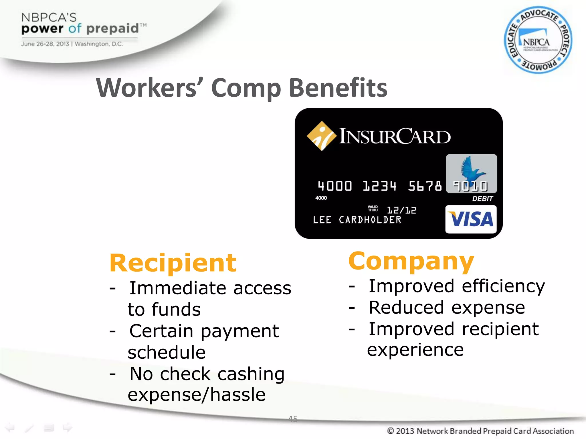 45
Workers’ Comp Benefits
Recipient
- Immediate access
to funds
- Certain payment
schedule
- No check cashing
expense/hassle
Company
- Improved efficiency
- Reduced expense
- Improved recipient
experience
 