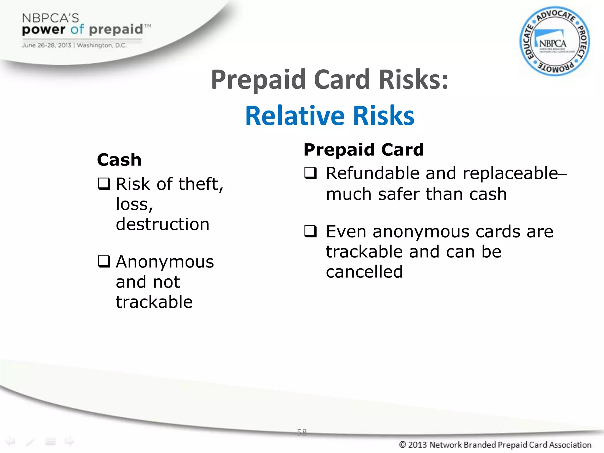 58
Prepaid Card Risks:
Relative Risks
Cash
 Risk of theft,
loss,
destruction
 Anonymous
and not
trackable
Prepaid Card
 Refundable and replaceable–
much safer than cash
 Even anonymous cards are
trackable and can be
cancelled
 