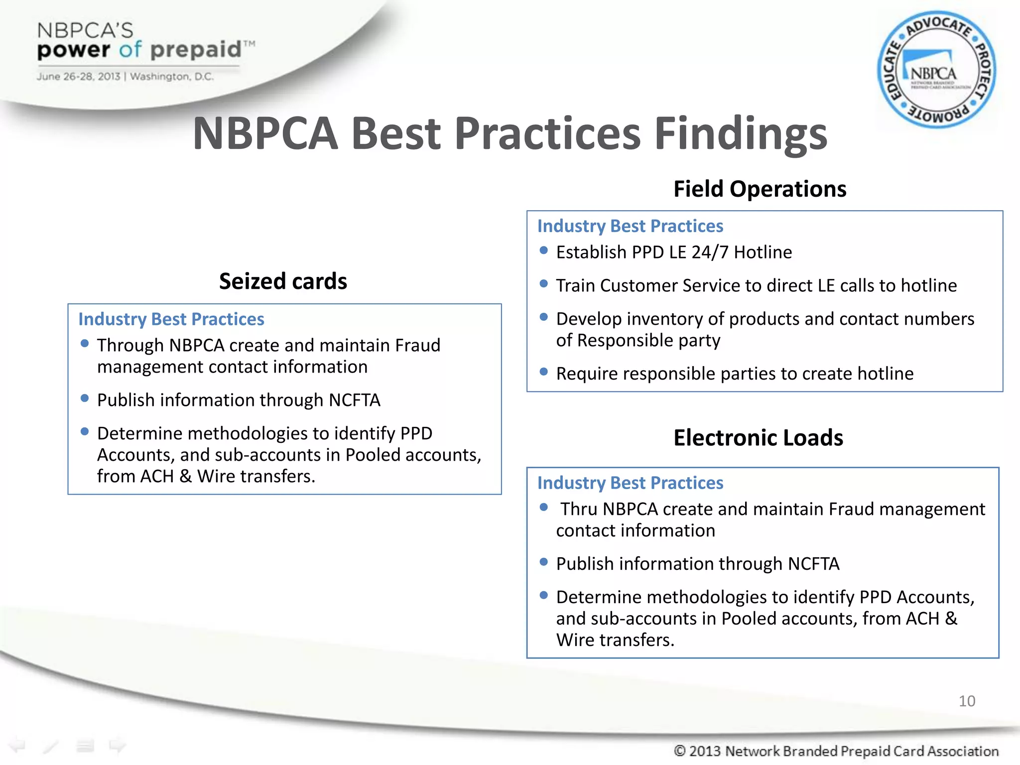 NBPCA Best Practices Findings
Industry Best Practices
• Thru NBPCA create and maintain Fraud management
contact information
• Publish information through NCFTA
• Determine methodologies to identify PPD Accounts,
and sub-accounts in Pooled accounts, from ACH &
Wire transfers.
Electronic Loads
Industry Best Practices
• Through NBPCA create and maintain Fraud
management contact information
• Publish information through NCFTA
• Determine methodologies to identify PPD
Accounts, and sub-accounts in Pooled accounts,
from ACH & Wire transfers.
Seized cards
Industry Best Practices
• Establish PPD LE 24/7 Hotline
• Train Customer Service to direct LE calls to hotline
• Develop inventory of products and contact numbers
of Responsible party
• Require responsible parties to create hotline
Field Operations
10
 