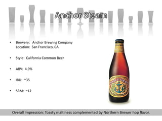 • Brewery: Anchor Brewing Company
Location: San Francisco, CA
• Style: California Common Beer
• ABV: 4.9%
• IBU: ~35
• SRM: ~12
Overall Impression: Toasty maltiness complemented by Northern Brewer hop flavor.
 