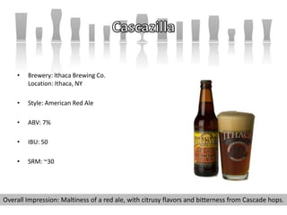 • Brewery: Ithaca Brewing Co.
Location: Ithaca, NY
• Style: American Red Ale
• ABV: 7%
• IBU: 50
• SRM: ~30
Overall Impression: Maltiness of a red ale, with citrusy flavors and bitterness from Cascade hops.
 