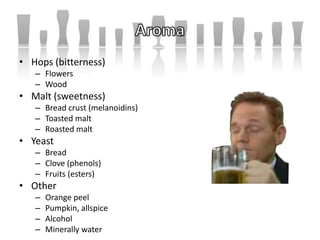 • Hops (bitterness)
– Flowers
– Wood
• Malt (sweetness)
– Bread crust (melanoidins)
– Toasted malt
– Roasted malt
• Yeast
– Bread
– Clove (phenols)
– Fruits (esters)
• Other
– Orange peel
– Pumpkin, allspice
– Alcohol
– Minerally water
 