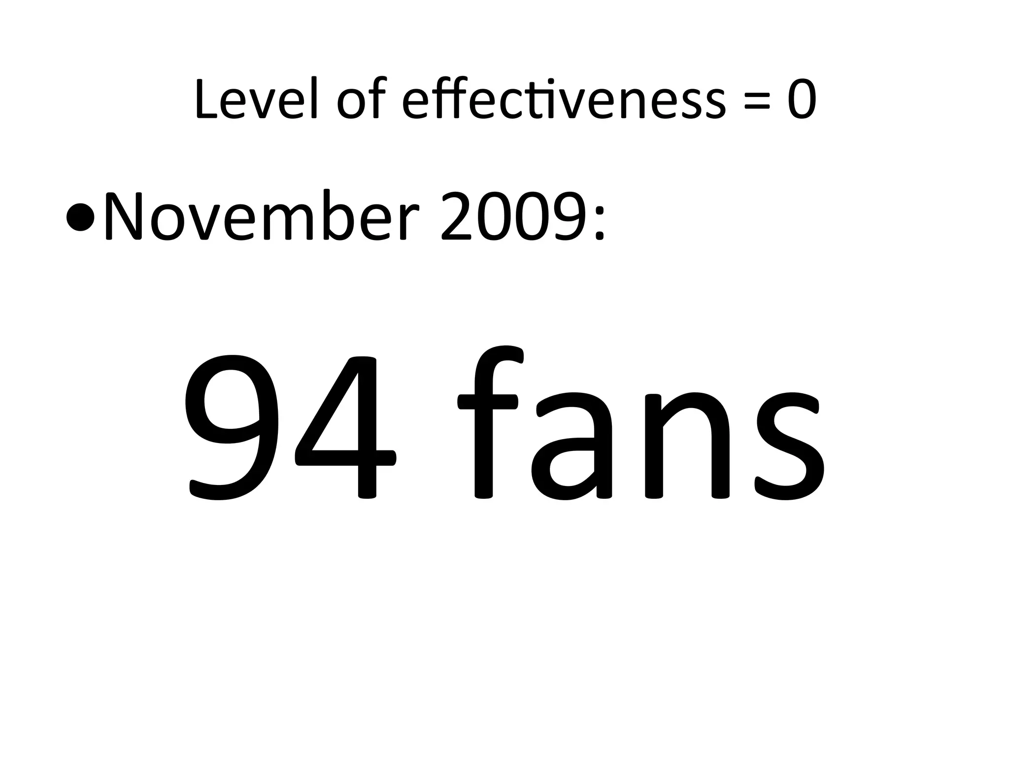 Level	
  of	
  eﬀec8veness	
  =	
  0	
  

	
  2009:	
  
• November

94	
  fans	
  

 