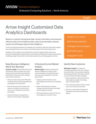 Business Intelligence
Enterprise Computing Solutions – North America
Insight

Arrow Insight Customized Data
Analytics Dashboards
Based on customer transactional data, industry information and enhanced
reference data, Arrow Insight provides unique and actionable customer,
market and whitespace (opportunity) intelligence.
The Arrow Insight data dashboard consolidates your transaction data with several data suppliers
and modeling techniques into a simple but extremely powerful information delivery tool.
Available in three modules, Arrow Insight offers Customer Insight (multiple views of your
transactional data), Market Insight (industry information) and Whitespace Insight (a sophisticated
modeling package that provides new look-alike prospects by vertical, geography and size).

Deep Business Intelligence
About Your Business

Critical and Current Market
Analysis

Customer Insight is the ultimate self-service
tool because it lets you dissect your Arrow
historical transaction data and simplify the
identification of business trends, enabling
smart business decisions.

Market Insight provides comprehensive
forecast intelligence to help you make
resource allocation and growth decisions,
ensuring a tactical approach to the right
opportunities.

>> Delve into sales history at the POS (point
of sale) by vertical market, geography and
technology to the invoice level.

>> Analyze growth verticals and spot
technology trends before your competition
does.

>> Discover who your best customers are,
view your strengths, and see how you
rank vs. your competitors by vertical or
technology.

>> Detect market growth and volume
changes early and with speed and agility
by technology and location.

>> Identify trending technology within a
specific vertical market or geography.

ecs.arrow.com | 800 544 7674

>> Get forecast data at a fraction of the cost
and available at a moments’ notice.

Insight is an online
Marketing analytics
strategist and prospect
generation guru
wrapped in one.
Identify New Customers
Whitespace Insight arms sales and
marketing organizations with new customer
recruitment data. Our proprietary modeling
methodology identifies look-alike prospects
for yourmarketing and sales campaigns.
>> Rank prospects by criteria and how they
match against a supplier, technology,
brand or vertical model.
>> Find untouched prospects that are similar
to your own best account profiles.
>> Claim your new prospect findings with
inexpensive, fast turnaround licensing
options.

 