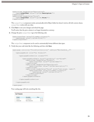 <apex:column headerValue="Description">
<apex:outputText value="{!pitem.Description}"/>
</apex:column>
<apex:column headerValue="Price">
<apex:outputText value="{!pitem.Price}"/>
</apex:column>
The outputField component works automatically with sObject fields, but doesn’t work at all with custom classes.
outputText works with any value.
5. Click Save to save your changes and reload the page.
You’ll notice that the price column is no longer formatted as currency.
6. Change the price outputText tag to the following code.
<apex:outputText value="{0,number,currency}">
<apex:param value="{!pitem.Price}"/>
</apex:outputText>
The outputText component can be used to automatically format different data types.
7. Verify that your code looks like the following and then click Save.
<apex:page controller="StoreFrontController" tabStyle="Merchandise__c">
<apex:pageBlock title="Our Products">
<apex:pageBlockSection columns="1">
<apex:pageBlockTable value="{!products}" var="pitem">
<apex:column headerValue="Product">
<apex:outputText value="{!pitem.Name}"/>
</apex:column>
<apex:column headerValue="Description">
<apex:outputText value="{!pitem.Description}"/>
</apex:column>
<apex:column headerValue="Price" style="text-align: right;">
<apex:outputText value="{0,number,currency}">
<apex:param value="{!pitem.Price}"/>
</apex:outputText>
</apex:column>
</apex:pageBlockTable>
</apex:pageBlockSection>
</apex:pageBlock>
</apex:page>
Your catalog page will look something like this.
79
Chapter 3: Apex in Context
 