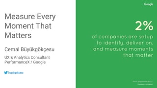 Proprietary + Confidential
Measure Every
Moment That
Matters
Cemal Büyükgökçesu
UX & Analytics Consultant
PerformanceX / Google
buyukgokcesu
2%
of companies are setup
to identify, deliver on,
and measure moments
that matter
Source: google/forrester 2015, us
 