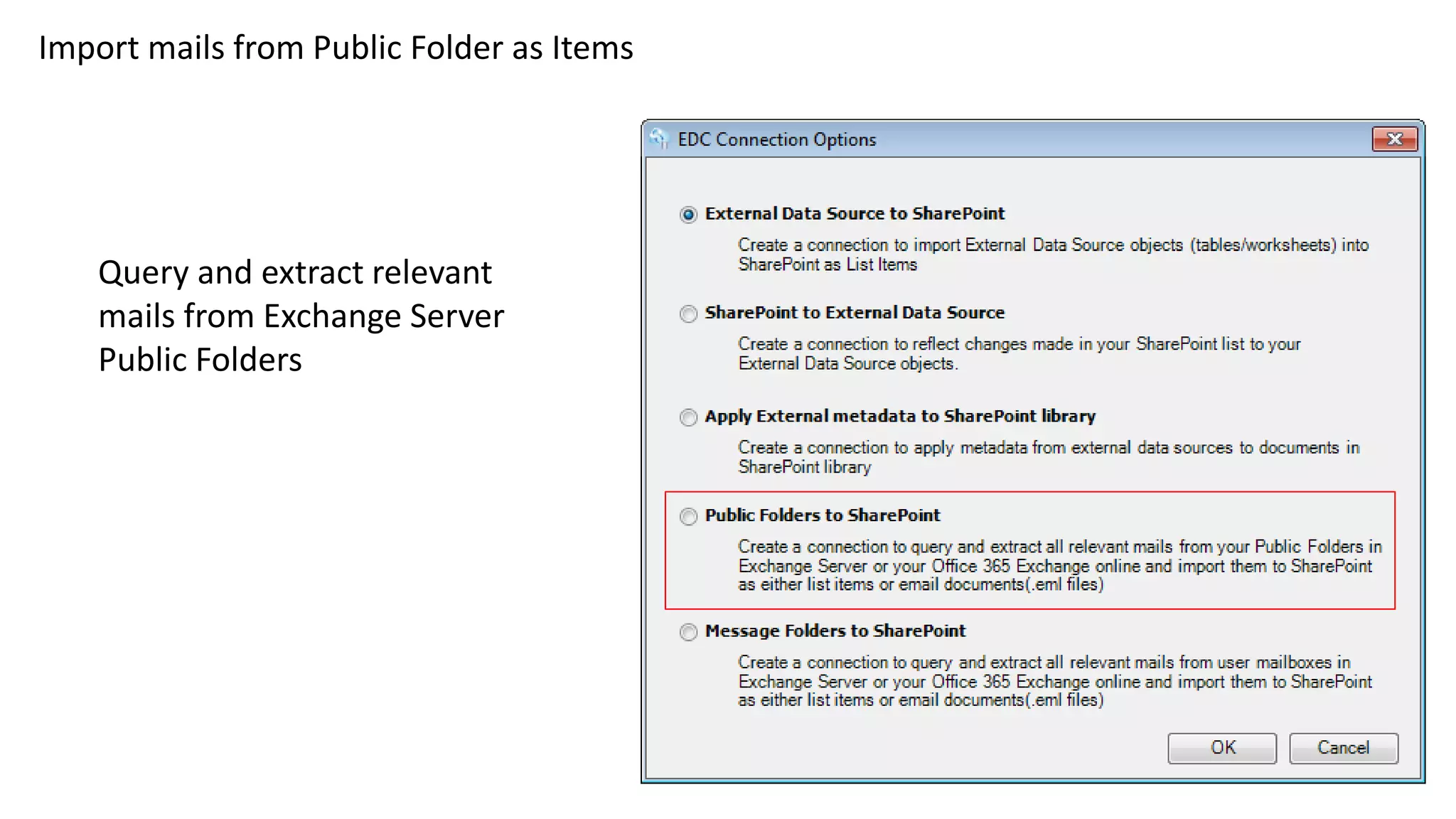 Import mails from Public Folder as Items
Query and extract relevant
mails from Exchange Server
Public Folders
 