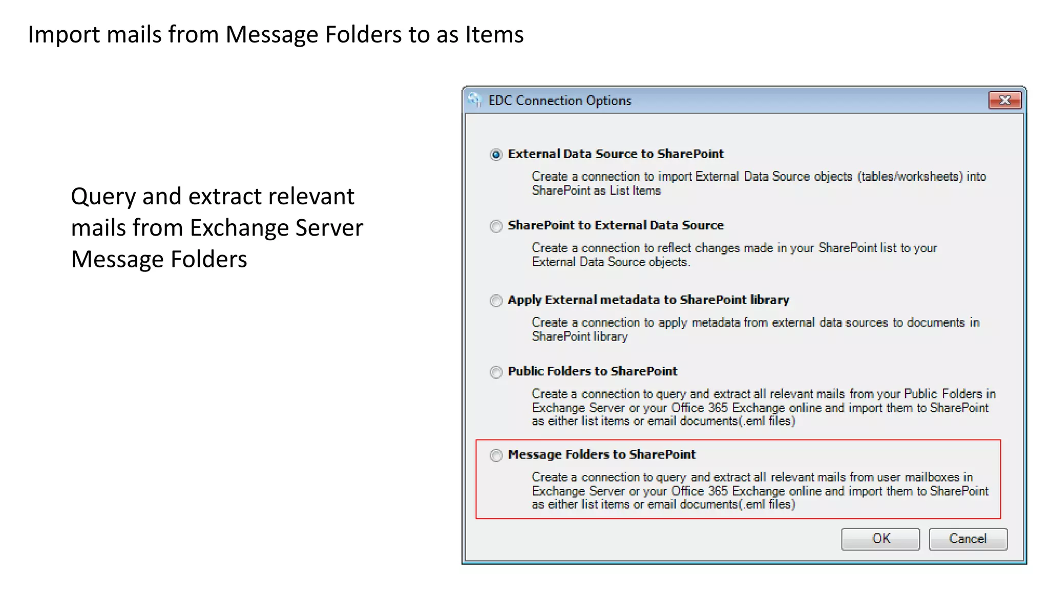 Import mails from Message Folders to as Items
Query and extract relevant
mails from Exchange Server
Message Folders
 