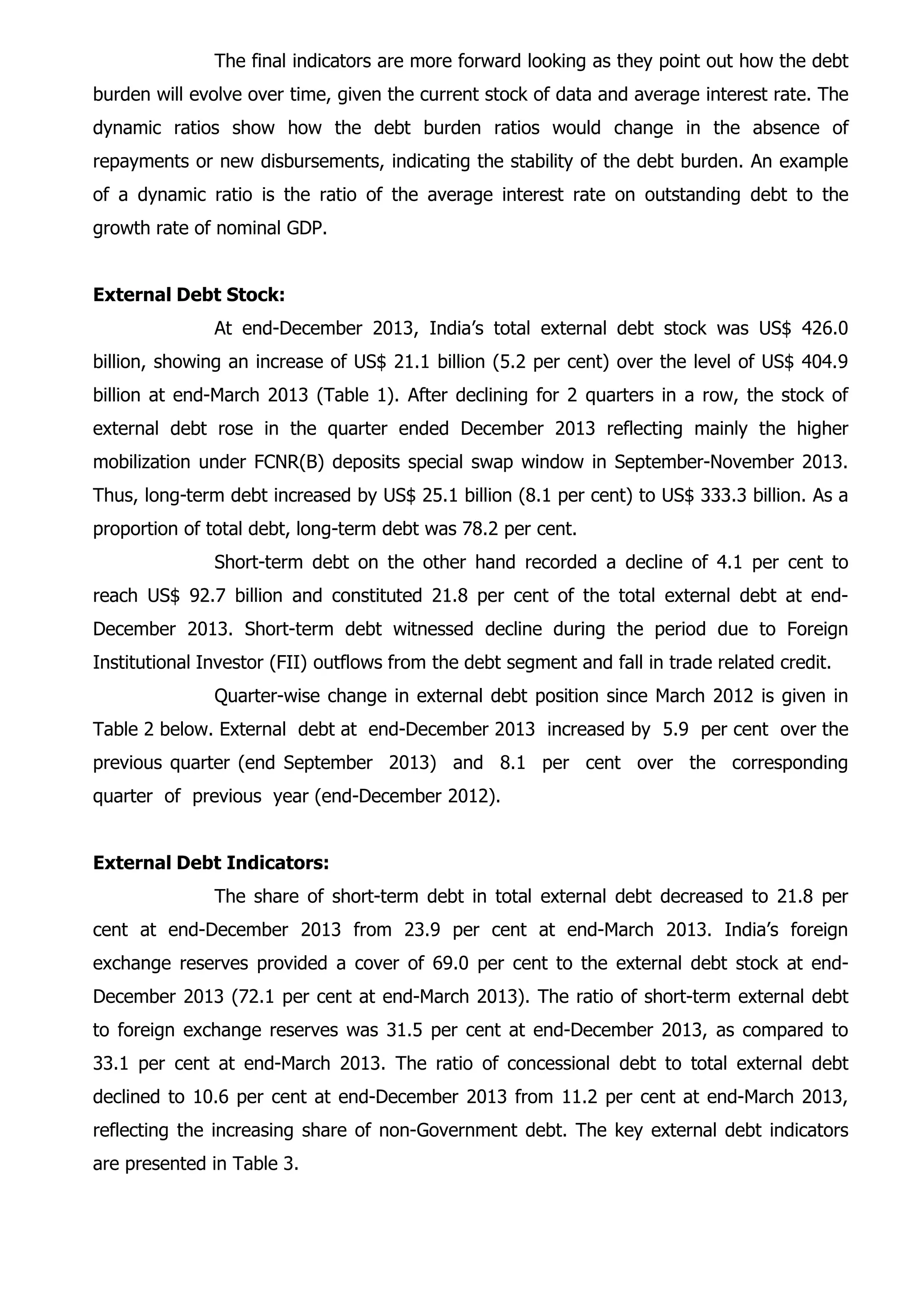 The final indicators are more forward looking as they point out how the debt
burden will evolve over time, given the current stock of data and average interest rate. The
dynamic ratios show how the debt burden ratios would change in the absence of
repayments or new disbursements, indicating the stability of the debt burden. An example
of a dynamic ratio is the ratio of the average interest rate on outstanding debt to the
growth rate of nominal GDP.
External Debt Stock:
At end-December 2013, India’s total external debt stock was US$ 426.0
billion, showing an increase of US$ 21.1 billion (5.2 per cent) over the level of US$ 404.9
billion at end-March 2013 (Table 1). After declining for 2 quarters in a row, the stock of
external debt rose in the quarter ended December 2013 reflecting mainly the higher
mobilization under FCNR(B) deposits special swap window in September-November 2013.
Thus, long-term debt increased by US$ 25.1 billion (8.1 per cent) to US$ 333.3 billion. As a
proportion of total debt, long-term debt was 78.2 per cent.
Short-term debt on the other hand recorded a decline of 4.1 per cent to
reach US$ 92.7 billion and constituted 21.8 per cent of the total external debt at end-
December 2013. Short-term debt witnessed decline during the period due to Foreign
Institutional Investor (FII) outflows from the debt segment and fall in trade related credit.
Quarter-wise change in external debt position since March 2012 is given in
Table 2 below. External debt at end-December 2013 increased by 5.9 per cent over the
previous quarter (end September 2013) and 8.1 per cent over the corresponding
quarter of previous year (end-December 2012).
External Debt Indicators:
The share of short-term debt in total external debt decreased to 21.8 per
cent at end-December 2013 from 23.9 per cent at end-March 2013. India’s foreign
exchange reserves provided a cover of 69.0 per cent to the external debt stock at end-
December 2013 (72.1 per cent at end-March 2013). The ratio of short-term external debt
to foreign exchange reserves was 31.5 per cent at end-December 2013, as compared to
33.1 per cent at end-March 2013. The ratio of concessional debt to total external debt
declined to 10.6 per cent at end-December 2013 from 11.2 per cent at end-March 2013,
reflecting the increasing share of non-Government debt. The key external debt indicators
are presented in Table 3.
 