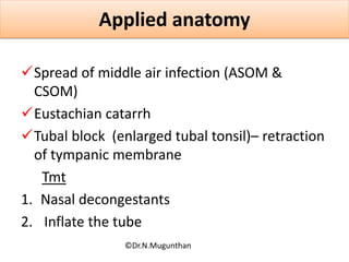 Applied anatomy
Spread of middle air infection (ASOM &
CSOM)
Eustachian catarrh
Tubal block (enlarged tubal tonsil)– retraction
of tympanic membrane
Tmt
1. Nasal decongestants
2. Inflate the tube
©Dr.N.Mugunthan
 