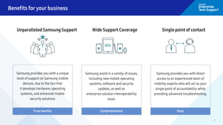 3
Benefits for your business
Unparalleled Samsung Support
Trust worthy
Wide Support Coverage
Comprehensive
Single point of contact
Easy
Samsung provides you with a unique
level of support on Samsung mobile
devices, due to the fact that
it develops hardware, operating
systems, and enhanced mobile
security solutions
Samsung assist in a variety of issues,
including new mobile operating
systems, software and security
updates, as well as
enterprise solution interoperability
issue.
Samsung provides you with direct
access to an experienced team of
mobility experts who will act as your
single point of accountability while
providing advanced troubleshooting.
 