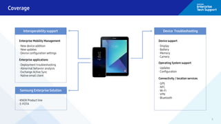 5
Coverage
Enterprise Mobility Management
· New device addition
· New updates
· Device configuration settings
Enterprise applications
· Deployment troubleshooting
· Abnormal behavior analysis
· Exchange Active Sync
· Native email client
· KNOX Product line
· E-FOTA
Device support
· Display
· Battery
· Memory
· Camera
Operating System support
· Updates
· Configuration
Connectivity / location services
· GPS
· NFC
· Wi-Fi
· VPN
· Bluetooth
Interoperability support
Samsung Enterprise Solution
Device Troubleshooting
 