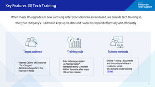 9
Key Features (3) Tech Training
When major OS upgrades or new Samsung enterprise solutions are released, we provide tech training so
that your company’s IT Admin is kept up-to-date and is able to respond effectively and efficiently.
Target audience Training cycle Training methods
· “Named Callers” of Enterprise
Tech Support
· Admins and experts in the
relevant IT fields
· Prior to being accepted
as ”Named Caller”
· Refreshed every 12 months
· Within 3 months after major
OS version release
· Online Training : documents
and instructional videos in
customer portal
· On-demand onsite training
(Elite)
 
