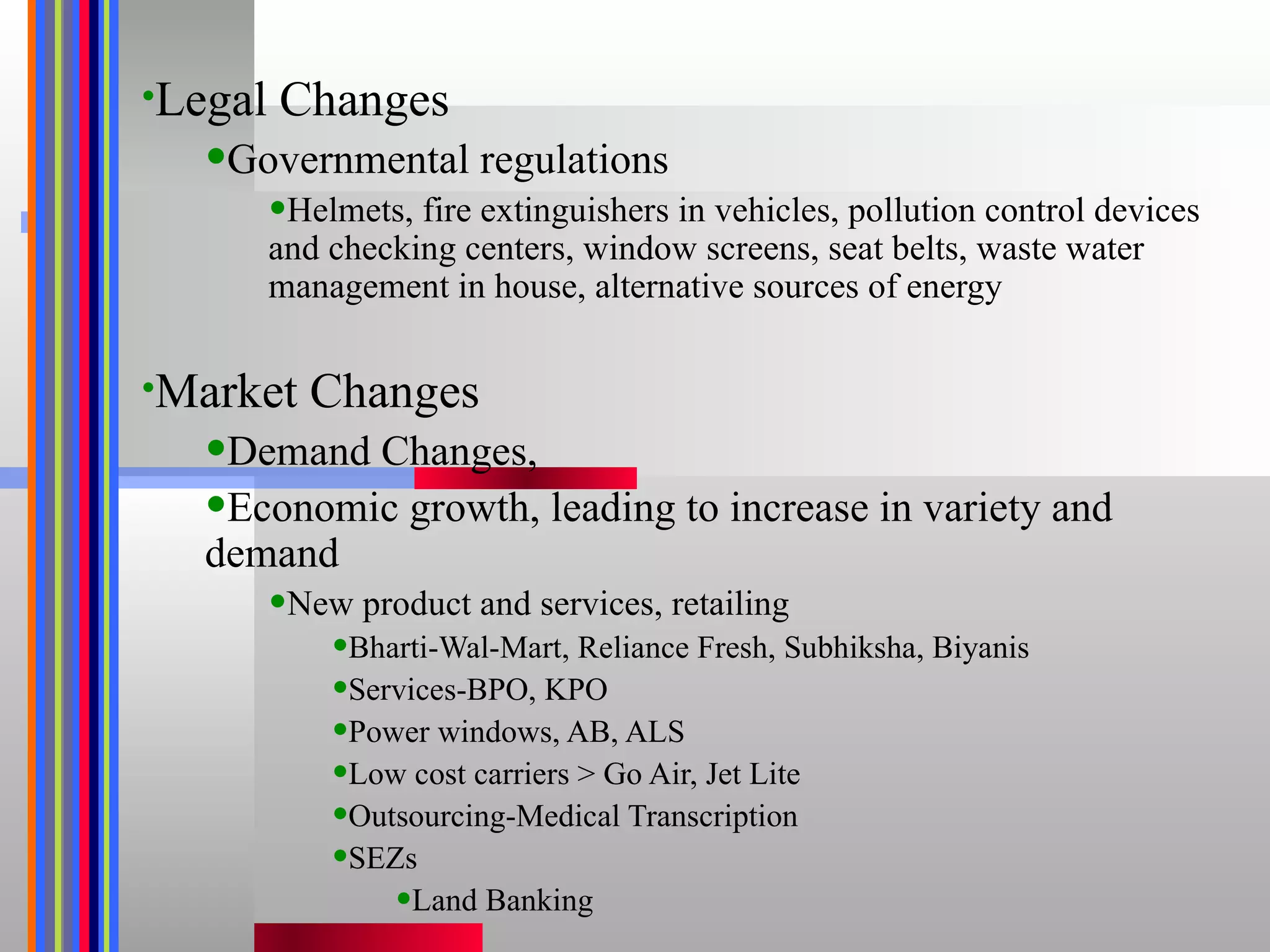 Legal Changes Governmental regulations Helmets, fire extinguishers in vehicles, pollution control devices and checking centers, window screens, seat belts, waste water management in house, alternative sources of energy  Market Changes Demand Changes,  Economic growth, leading to increase in variety and demand New product and services, retailing Bharti-Wal-Mart, Reliance Fresh, Subhiksha, Biyanis Services-BPO, KPO Power windows, AB, ALS Low cost carriers > Go Air, Jet Lite Outsourcing-Medical Transcription SEZs Land Banking 