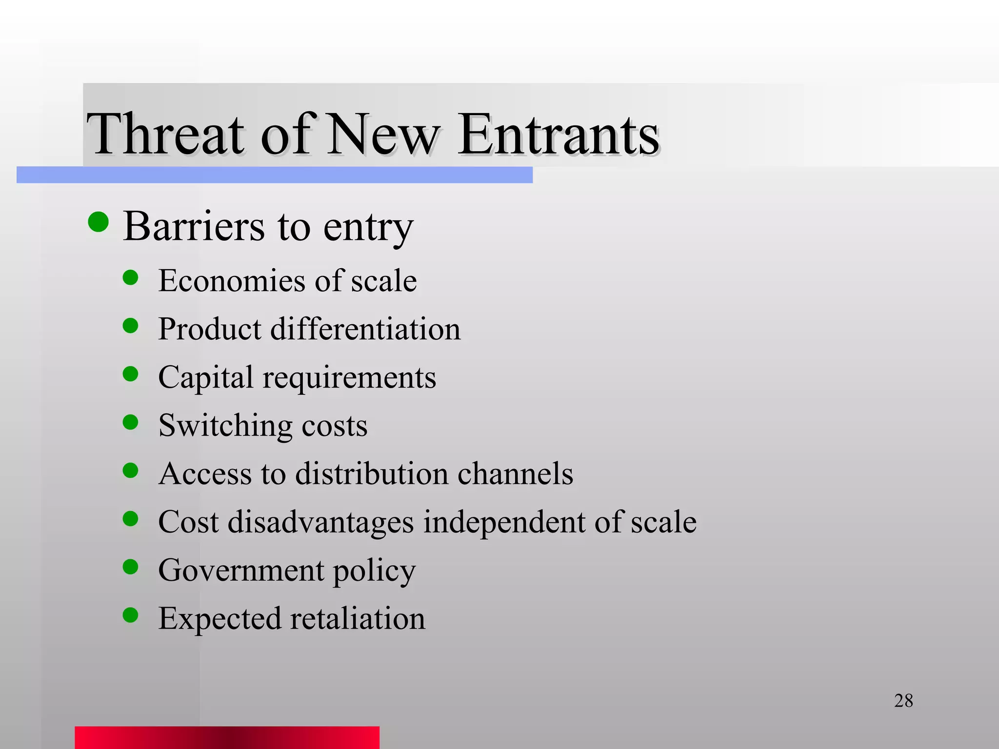 Threat of New Entrants Barriers to entry Economies of scale Product differentiation Capital requirements Switching costs Access to distribution channels Cost disadvantages independent of scale Government policy Expected retaliation 