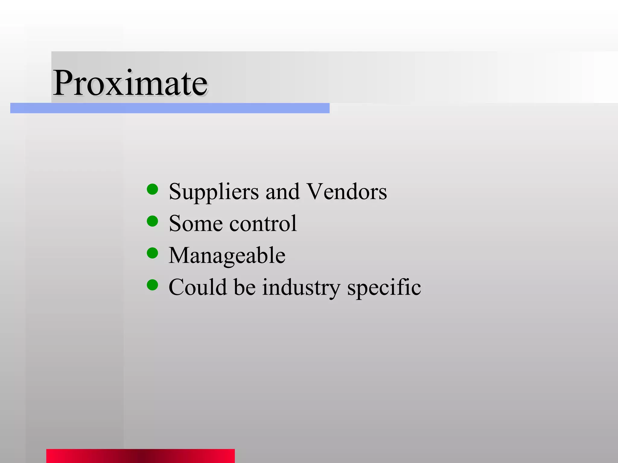 Proximate Suppliers and Vendors Some control Manageable Could be industry specific 