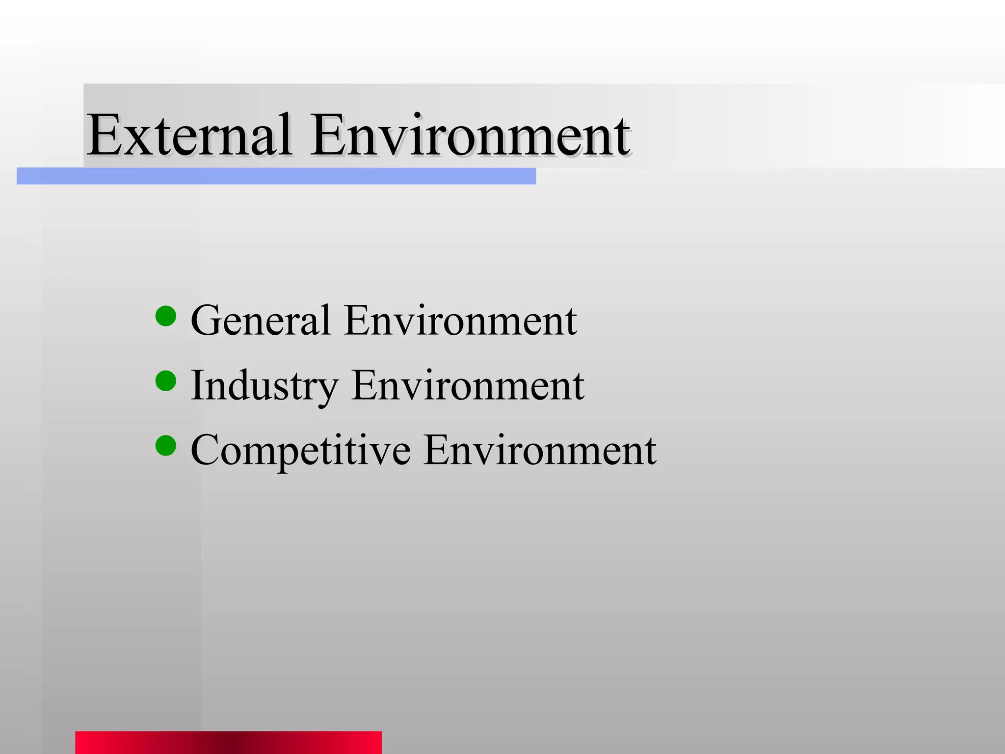 External Environment General Environment Industry Environment Competitive Environment 