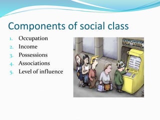 Components of social class
1. Occupation
2. Income
3. Possessions
4. Associations
5. Level of influence
 