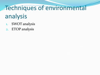 Techniques of environmental
analysis
1. SWOT analysis
2. ETOP analysis
 