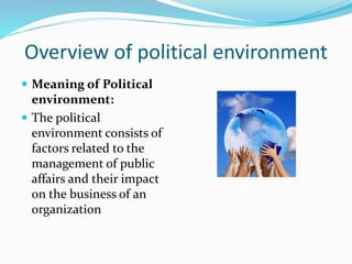 Overview of political environment
 Meaning of Political
environment:
 The political
environment consists of
factors related to the
management of public
affairs and their impact
on the business of an
organization
 