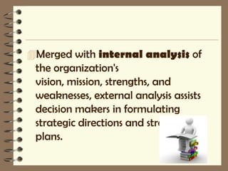 Merged with internal analysis of
 the organization's
 vision, mission, strengths, and
 weaknesses, external analysis assists
 decision makers in formulating
 strategic directions and strategic
 plans.
 