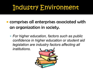    comprises all enterprises associated with
    an organization in society.
     For higher education, factors such as public
     confidence in higher education or student aid
     legislation are industry factors affecting all
     institutions.
 