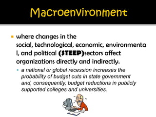   where changes in the
    social, technological, economic, environmenta
    l, and political (STEEP)sectors affect
    organizations directly and indirectly.
     a national or global recession increases the
     probability of budget cuts in state government
     and, consequently, budget reductions in publicly
     supported colleges and universities.
 