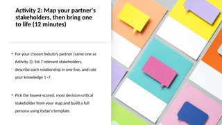 Activity 2: Map your partner's
stakeholders, then bring one
to life (12 minutes)
• For your chosen Industry partner (same one as
Activity 1): list 7 relevant stakeholders,
describe each relationship in one line, and rate
your knowledge 1–7.
• Pick the lowest-scored, most decision-critical
stakeholder from your map and build a full
persona using today's template.
 