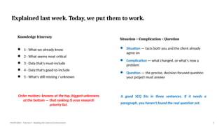 Explained last week. Today, we put them to work.
Knowledge Itinerary
● 1 · What we already know
● 2 · What seems most critical
● 3 · Data that's must-include
● 4 · Data that's good-to-include
● 5 · What's still missing / unknown
Order matters: knowns at the top, biggest unknowns
at the bottom — that ranking IS your research
priority list.
Situation – Complication – Question
● Situation — facts both you and the client already
agree on
● Complication — what changed, or what's now a
problem
● Question — the precise, decision-focused question
your project must answer
A good SCQ fits in three sentences. If it needs a
paragraph, you haven't found the real question yet.
MGMT3003 · Tutorial 4 · Reading the External Environment 3
 