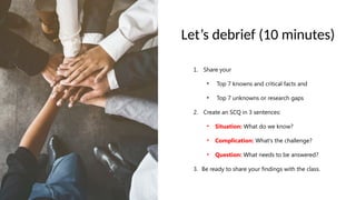 Let’s debrief (10 minutes)
1. Share your
• Top 7 knowns and critical facts and
• Top 7 unknowns or research gaps
2. Create an SCQ in 3 sentences:
• Situation: What do we know?
• Complication: What's the challenge?
• Question: What needs to be answered?
3. Be ready to share your findings with the class.
 