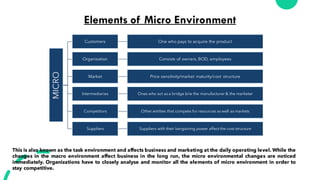 Elements of Micro Environment
MICRO
Customers One who pays to acquire the product
Organisation Consists of owners, BOD, employees
Market Price sensitivity/market maturity/cost structure
Intermediaries Ones who act as a bridge b/w the manufacturer & the marketer
Competitors Other entities that compete for resources as well as markets
Suppliers Suppliers with their bargaining power affect the cost structure
This is also known as the task environment and affects business and marketing at the daily operating level. While the
changes in the macro environment affect business in the long run, the micro environmental changes are noticed
immediately. Organizations have to closely analyse and monitor all the elements of micro environment in order to
stay competitive.
 