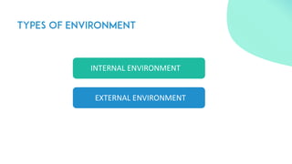 INTERNAL ENVIRONMENT
EXTERNAL ENVIRONMENT
 