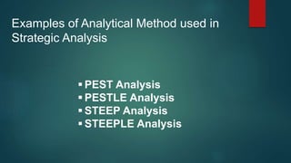 PEST Analysis
 PESTLE Analysis
 STEEP Analysis
 STEEPLE Analysis
Examples of Analytical Method used in
Strategic Analysis
 