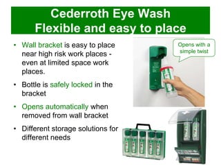 Cederroth Eye Wash
Flexible and easy to place
• Wall bracket is easy to place
near high risk work places even at limited space work
places.
• Bottle is safely locked in the
bracket

• Opens automatically when
removed from wall bracket
• Different storage solutions for
different needs

Opens with a
simple twist

 