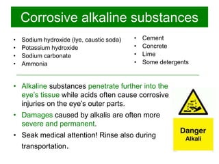 Corrosive alkaline substances
Frätande alkaliska ämnen
•
•
•
•

Sodium hydroxide (lye, caustic soda)
Potassium hydroxide
Sodium carbonate
Ammonia

•
•
•
•

Cement
Concrete
Lime
Some detergents

• Alkaline substances penetrate further into the
eye’s tissue while acids often cause corrosive
injuries on the eye’s outer parts.
• Damages caused by alkalis are often more
severe and permanent.
• Seak medical attention! Rinse also during

transportation.

 