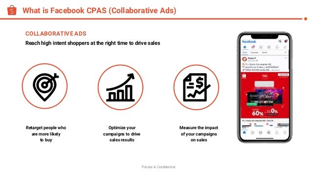 Private & Confidential
What is Facebook CPAS (Collaborative Ads)
Reach high intent shoppers at the right time to drive sales
COLLABORATIVE ADS
Retarget people who
are more likely
to buy
Optimize your
campaigns to drive
sales results
Measure the impact
of your campaigns
on sales
 