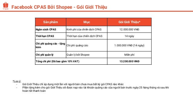 Facebook CPAS Bởi Shopee - Gói Giới Thiệu
*Lưu ý:
- Gói Giới Thiệu chỉ áp dụng một lần với người bán chưa mua bất kỳ gói CPAS nào khác
- Phần tặng kèm cho gói Giới Thiệu sẽ được nạp vào tài khoản quảng cáo của người bán trước ngày 25 hàng tháng và sau khi
hoàn tất thanh toán
Sản phẩm Mục Gói Giới Thiệu*
Ngân sách CPAS Kinh phí của chiến dịch CPAS 12.000.000 VNĐ
Thời hạn CPAS Thời hạn của chiến dịch CPAS 14 ngày
Chi phí quảng cáo - tặng
kèm
Chi phí quảng cáo 1.000.000 VNĐ (14 ngày)
Chi phí quản lý Quản lý bởi Shopee Miễn phí
Tổng chi phí (Đã bao gồm 10% VAT) 13.200.000 VNĐ
 