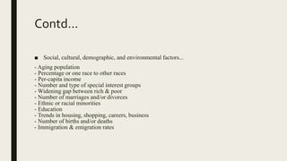 Contd...
■ Social, cultural, demographic, and environmental factors...
- Aging population
- Percentage or one race to other races
- Per-capita income
- Number and type of special interest groups
- Widening gap between rich & poor
- Number of marriages and/or divorces
- Ethnic or racial minorities
- Education
- Trends in housing, shopping, careers, business
- Number of births and/or deaths
- Immigration & emigration rates
 